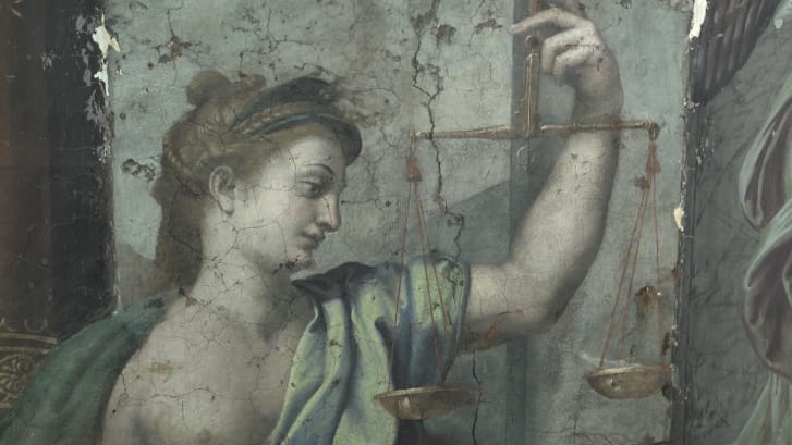 Detalle de “Justicia”, una de las pinturas inéditas de Rafael descubiertas tras unas labores de restauración en los Museos Vaticanos. 